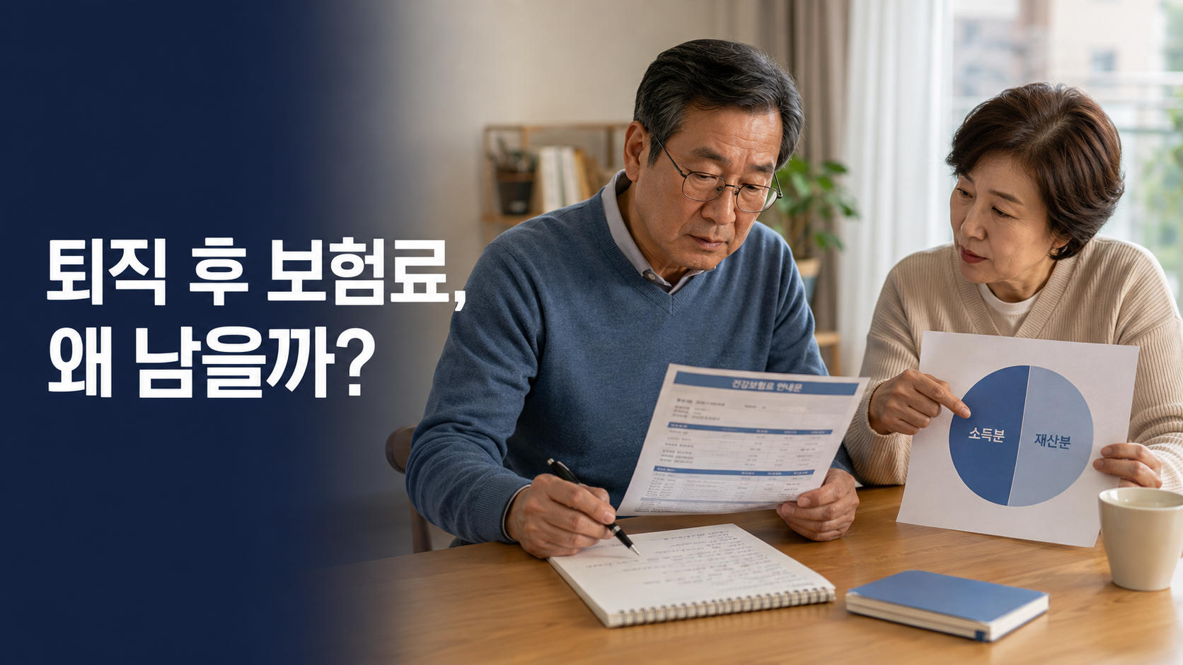 퇴직 후 지역 건강보험료 고지서와 소득 조정 서류를 확인하는 부부