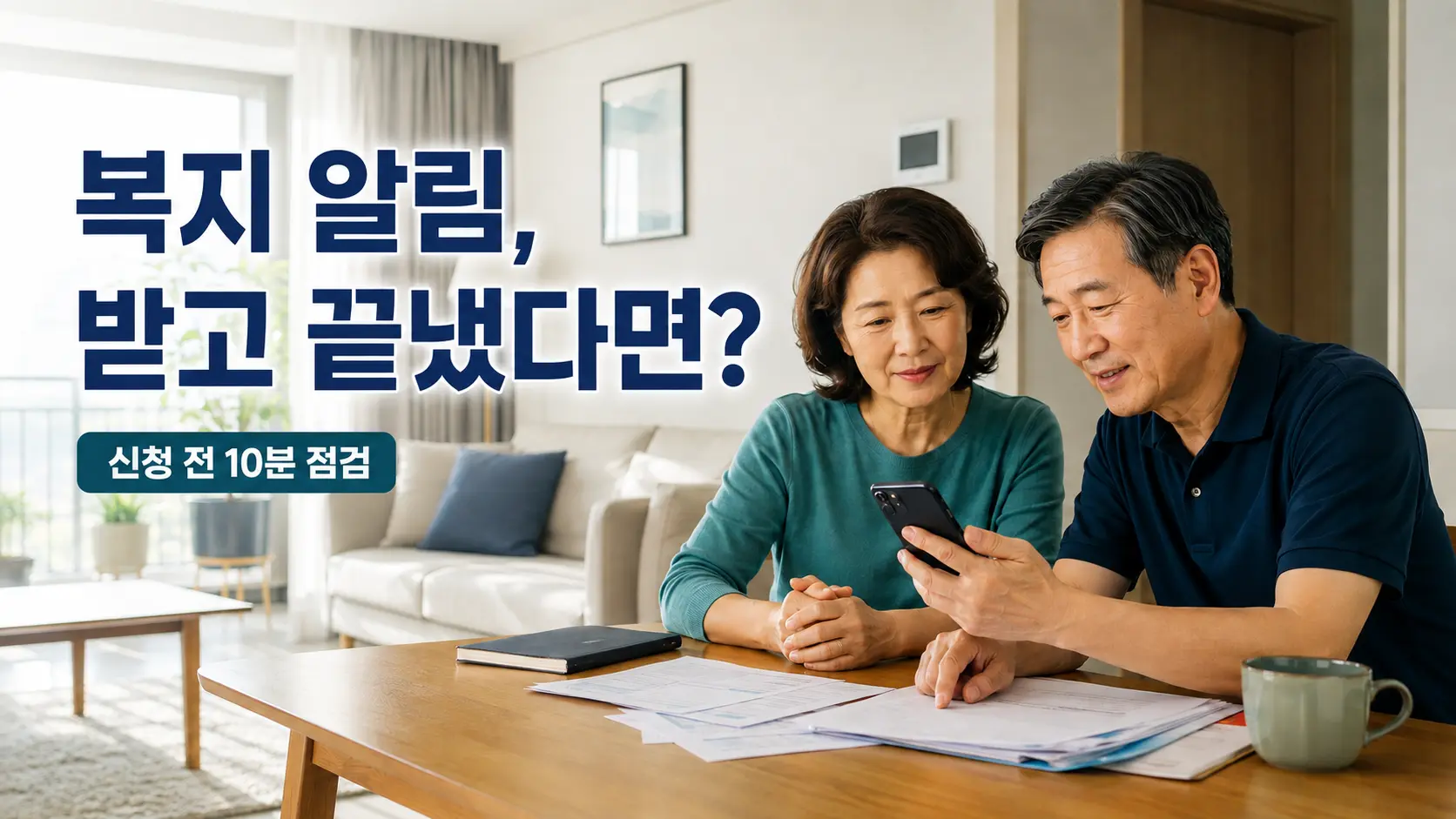 복지멤버십 알림을 확인하고 신청 전 자료를 점검하는 부부