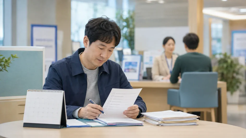 고용센터 상담 전 실업급여 신청 서류와 체크리스트를 확인하는 모습