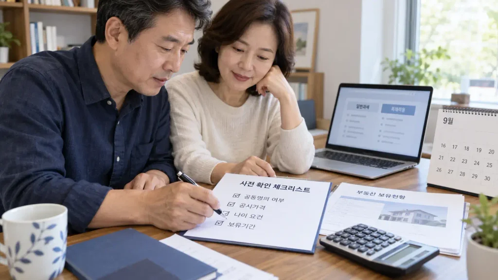 부부 공동명의 종부세 특례 신청 전 공시가격과 연령 및 보유기간을 대조하는 부부
